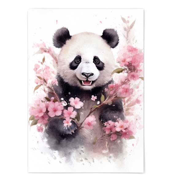 Watercolor Panda Bear With Flowers Portrait Wall Art Illustration Print Unframed - Picture 6 of 6